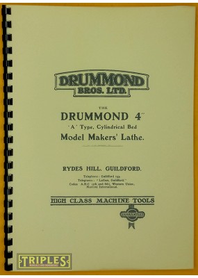 Drummond 4" A Type Cylindrical Bed Model Makers Lathe Manual.