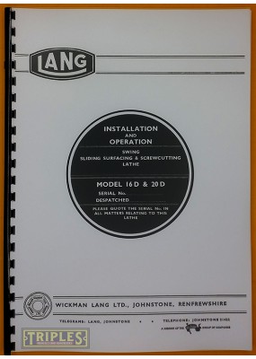 Lang Model 16D & 20D Screw Cutting Lathe Installation and Operation Manual.